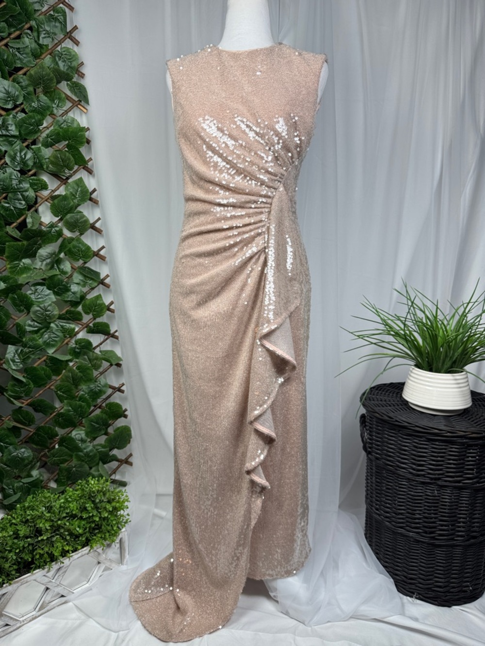 Kay Unger Blush Sequin Ruched Maxi Gown